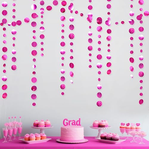 Hot Pink Party Decorations Circle Dots Garland Metallic Rose Pink Hanging Paper Polka Dots Streamer for Bachelorette Birthday Engagement Wedding Bridal Shower Anniversary Party Supplies