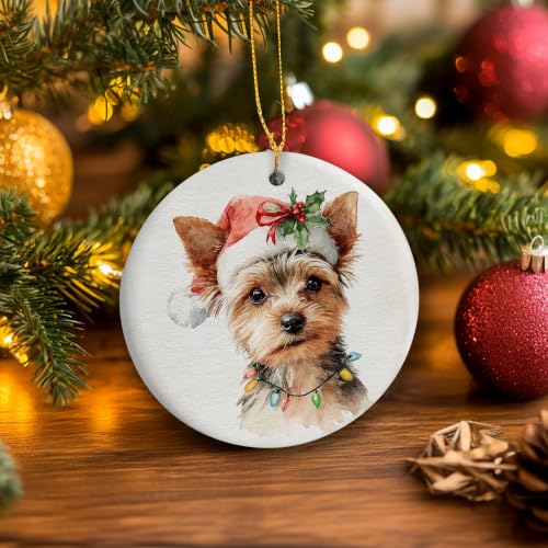 Santa Yorkshire Terrier Christmas Ceramic Ornament