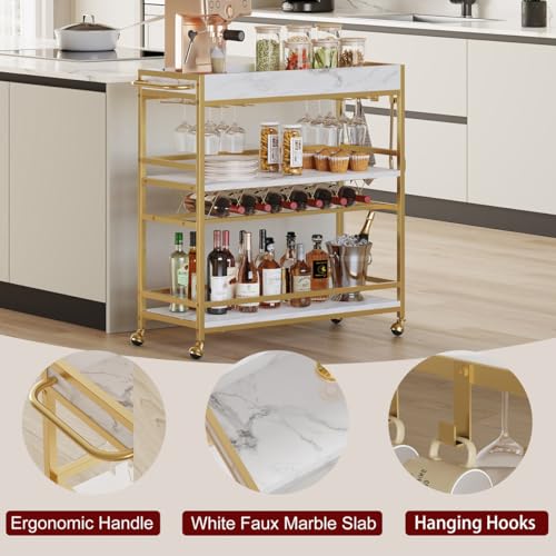 Gold Bar Cart on Wheels for Home with Wine Rack & Glass Holders