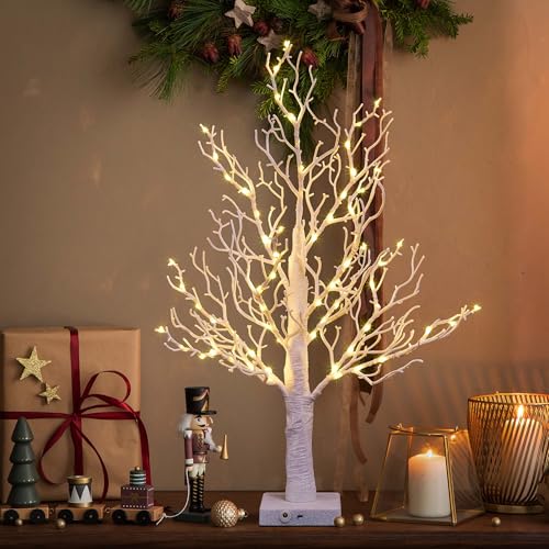 24IN Lighted Willow Tree Bonsai 70 Mini LED Lights Artificial White Birch Tree for Home