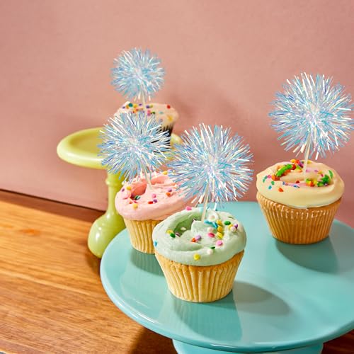 30Pcs Foil Firework Cupcake Toppers Sparkle Tinsel Cupcake Picks Drink Stirrers Cocktail Food Fruit Toothpicks for Baby Shower Graduation Party Supplies White (30 Count)