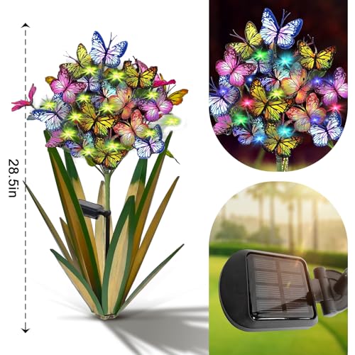 Solar Metal Agave Butterfly Flower Stick Garden Sculpture Outdoor Gift Solar Garden Christmas Lights Swaying Butterfly Sunflower Garden Lights Solar Outdoor Statues (3 Count)
