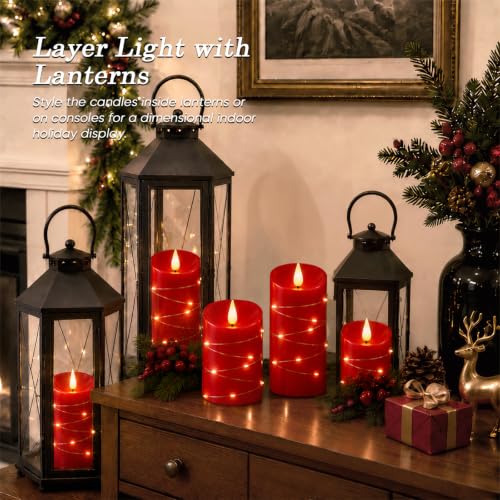 Red Flameless Candles with String Lights (3 Count)