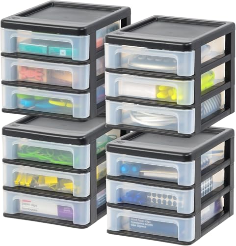 4-Pack, 3-Drawer Small Plastic Stacking Desktop Organizer, Black (4 Count)
