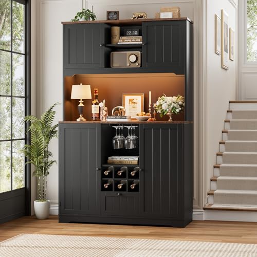 71" Kitchen Pantry Cabinet with LED Light and Charging Station