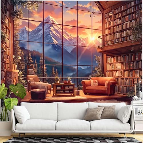 Forest Mountain Library Tapestry Fantasy Bookshelf Tapestries Wall Hanging Watercolor Nature Fairy Sunset Library Backdrop Extra Large Tapestry for Bedroom Dorm Room Classroom 90 x 68 inch