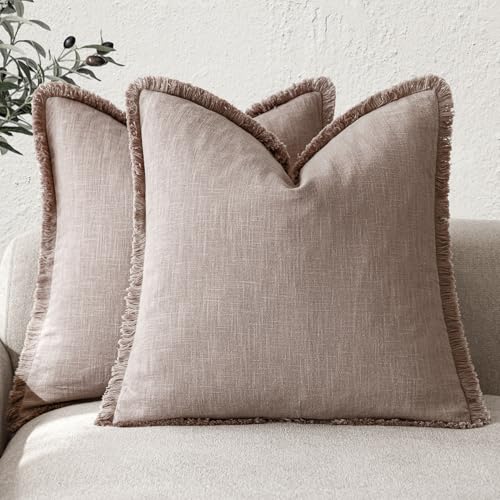 Decorative Linen Fringe Throw Pillow Covers 24×24 Dusty Pink (2 Count)