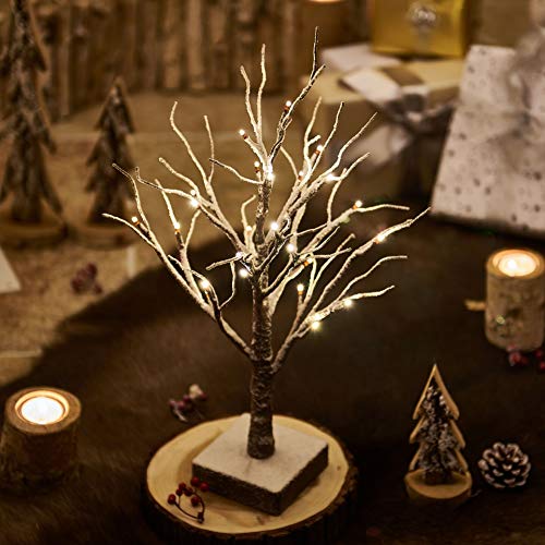 Pre Lit Tabletop Snow Dusted Tree with Timer 24LED 18IN Battery Operated for Christmas Valentine Party Decoration 2 Set