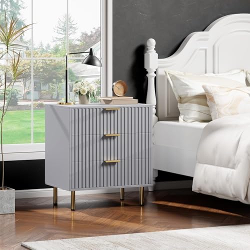 Fluted Grey 3 Drawer Dresser for Bedroom with Deep Drawers