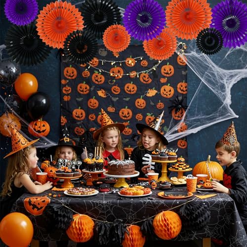 Honeycomb Round Paper Fans Black Orange Purple Hanging Party Decor (11 Count)