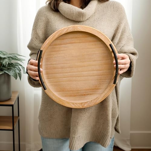 Brown Wooden Beaded Serving Tray with Handle Decorative Rustic Tray for Coffee Table Farmhouse Round Tray for Kitchen