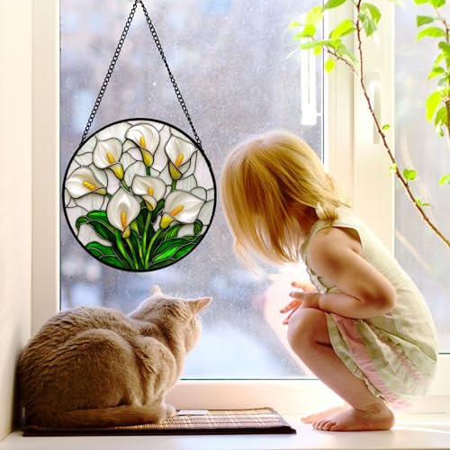 White Calla Lily Bouquet Stained Glass Window Hanging Suncatcher Gifts 12"