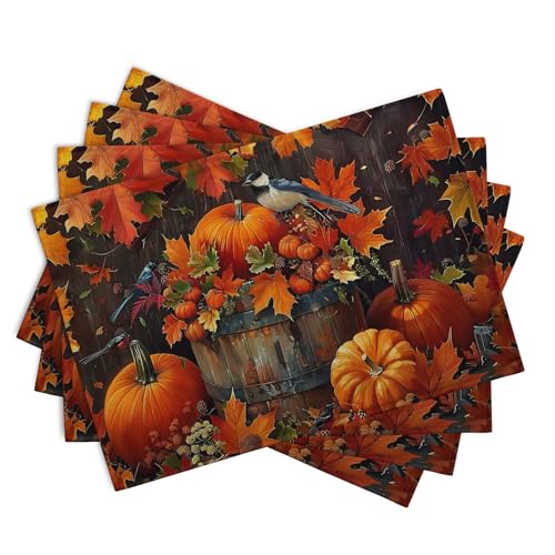 Pumpkin Maple Leaf Bird Fall Placemats Set of 4 Autumn Thanksgiving Seasonal Holiday Harvest Linen Table Mats Orange Brown Washable Place Mats for Party Kitchen Dining Outdoor Indoor Decor (4 Count)