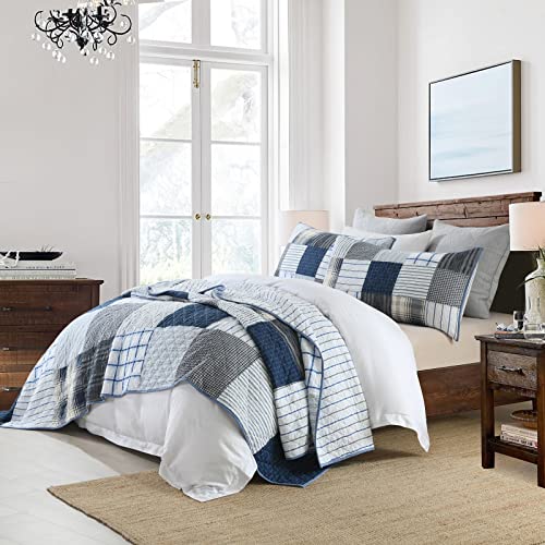 King Quilt Set Bedspread Reversible Plaid Grid Quilted Bedspread 3