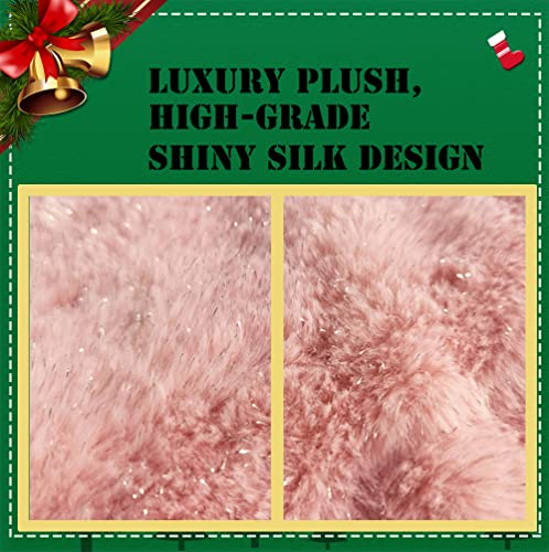 48 Inch Faux Fur Christmas Tree Skirt Pink Shiny Plush Skirt for Merry Christmas Party Christmas Tree Decoration