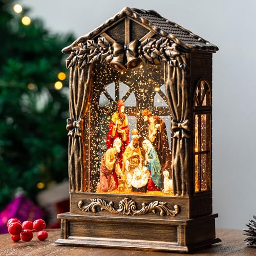 Three Kings Three Saints Window Christmas Snow Globe Swirling Glittering Nativity Figurines Manger Scene