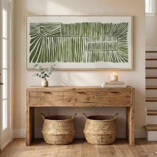 Large Framed Horizontal Green Abstract Botanical Canvas Wall Art