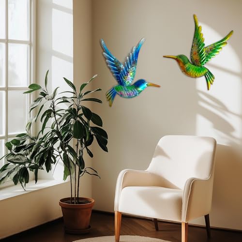 Metal Hummingbird Wall Art 12inch Metal Birds Wall Sculpture Garden Decoration Outdoor Statue Patio Fence Hanging Plaques 2 Pack（Blue (2 Count)