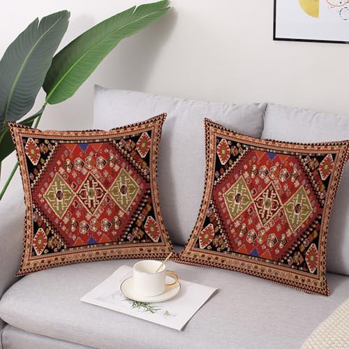 Outdoor Waterproof Pillow Covers 18x18 Inch Set of 2 Tribal Abstract Red and Black Vintage Carpet Pattern Decorative Farmhouse Pillow Covers for Couch Garden Balcony (8 Count)