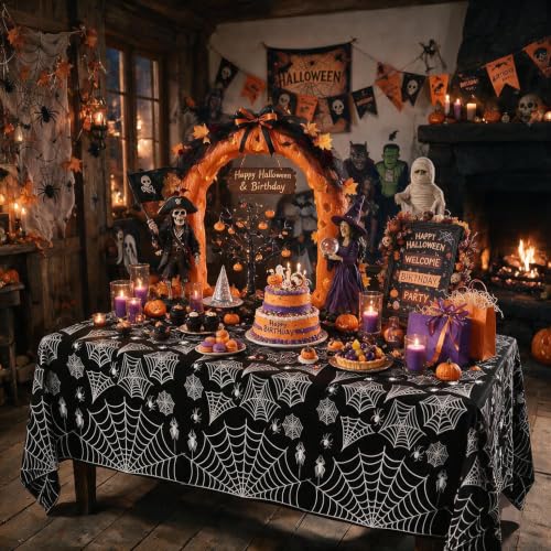 Halloween Tablecloth Plastic Black Spider Web Disposable Table Cover (12 Count)
