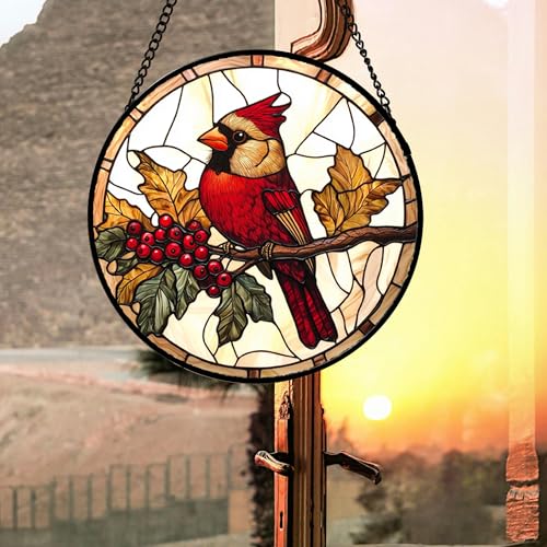 Festive Cardinal Berry Stained Glass Window Hanging Suncatcher Gifts 15"