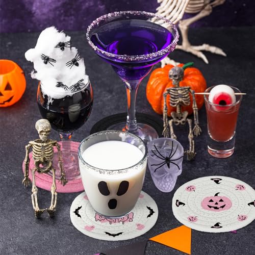 4Pcs Halloween Handmade Braided Cotton Coasters Pink Black Pumpkin Ghost Boo Drink Coasters Absorbent Cup Mat for Home Office Party Decor (4 Count)