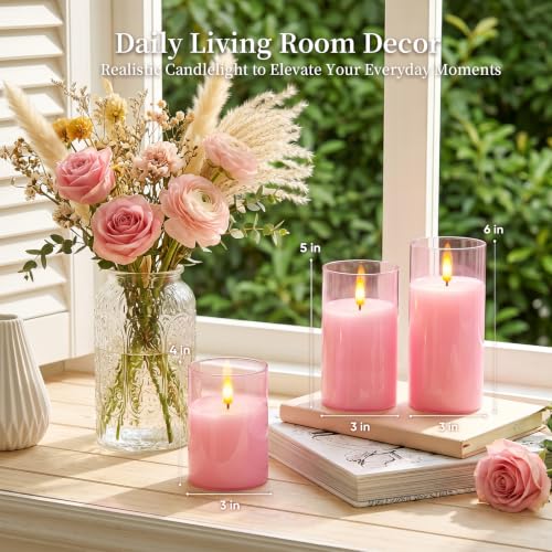 Pink Glass Flameless LED Candles Battery Operated with Remote Timer