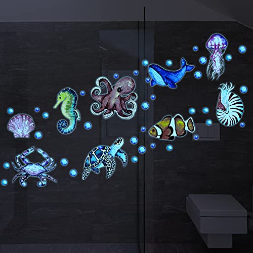 52 Pcs Ocean Fish Wall Decals Glow in The Dark Under The Sea Wall Decals Sea Life Animals Stickers Removable Waterproof Peel and Stick Decal for Girl Boy Kids Bedroom Nursery Bathroom (4 Count)