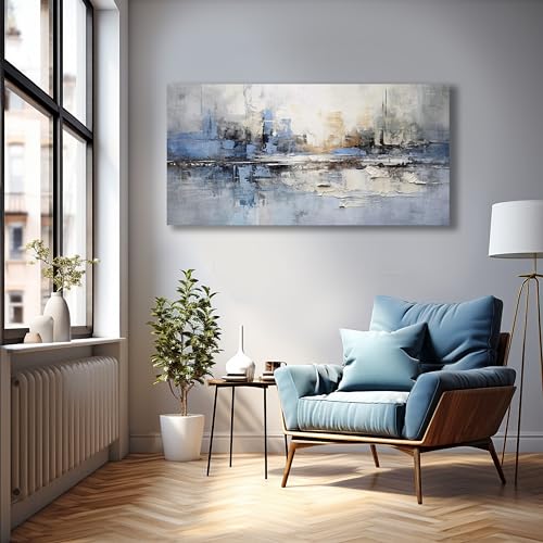 Abstract Wall Art Wall Decor Blue and Gray White Modern Canvas Wall Paintings Abstract Artwork for Living Room Bedroom Bathroom Office Home Decor Can Be Hung Directly 24"x 48"