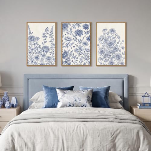Blue White Chinoiserie Floral Framed Canvas Wall Art