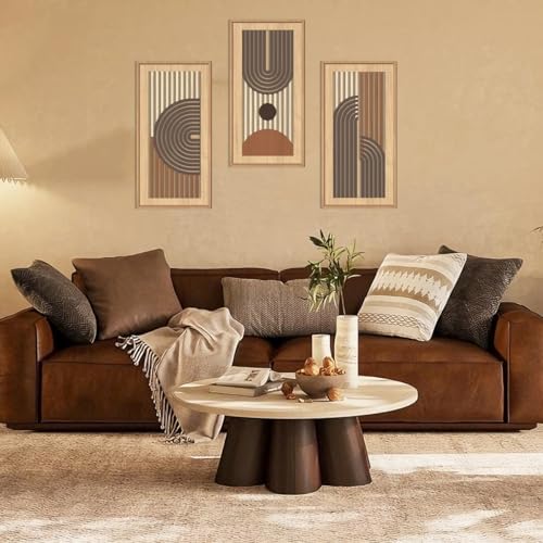 Mid Century Modern Boho Wooden Wall Art Framed 8x16 Inch Orange Abstract Bohemian Wood Wall Decor Set of 3 Minimalist Geometry Artwork for Living Room Bedroom Office
