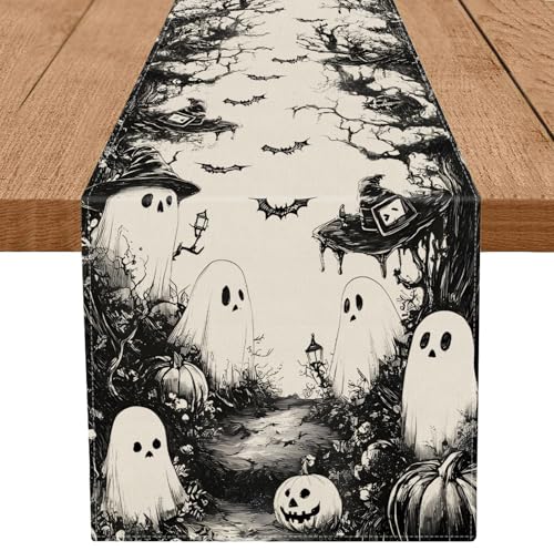 Halloween Table Runner Black Ghost Holiday Burlap Table Decoration Indoor Outdoor Home Decor Party Supply 13 x 36 Inch
