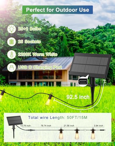 Solar String Lights Outdoor Waterproof 50FT with USB Port and 27 Shatterproof ST38 Bulbs (50.02 Foot)