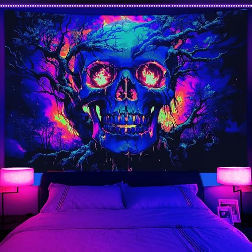 Blacklight Fire Skull Tapestry for Bedroom