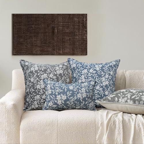 Gray Floral Pillow Covers 18x18 Pack of 2 Vintage Farmhouse Jacquard Decorative Throw Pillow Covers for Living Room Couch Bed Home Decor (2 Count)