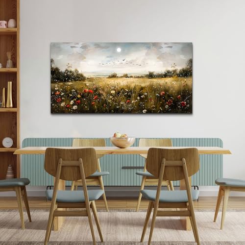 Large Wall Art Living Room Wall Decor for Bedroom Wildflower Field Vintage Wall Art Canvas Prints Paintings Farmhouse Artworks Pictures Modern Aesthetic Home Wall Decoration Ready To Hang