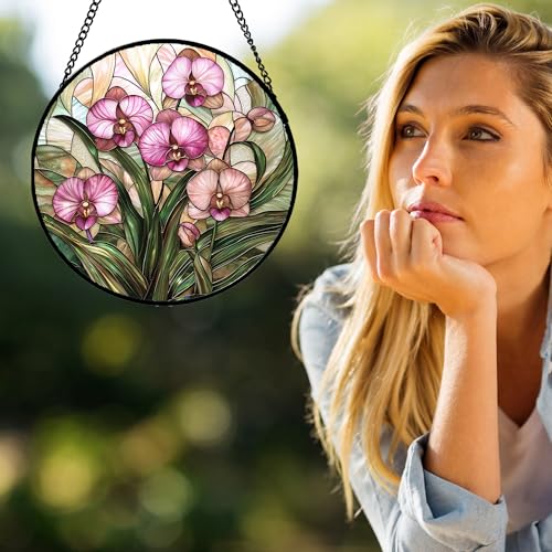 Phalaenopsis Orchid Stained Glass Window Hanging Decor Gifts for Women 12"