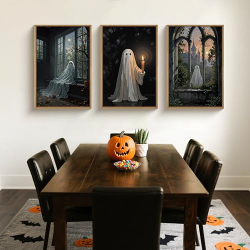 Large Halloween Cute Ghost Framed Canvas Wall Art Set
