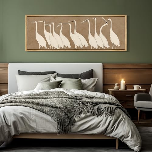 Large Framed Canvas Print Wall Art Minimalist White Cranes on Beige Background Antique Retro Fine Art Illustrations Decorative Colorful for Bedroom
