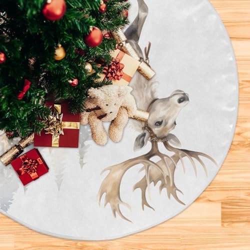 36 Inch White Christmas Elk Tree Skirt for New Year Party Decorations and Xmas Tree Mat