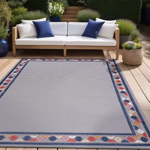 Outdoor Rug 9x12 Modern Bordered Large Area Rugs for Indoor and Outdoor Patio Easy to Clean Non Shedding Living Room Porch Garden Washable Outside Carpet