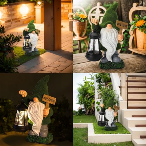 Garden Gnome Statue with Solar Lantern Welcome Sign Outdoor Decor for Porch Lawn Patio Yard Holiday Decorations Housewarming Christmas Decor Gifts for Women