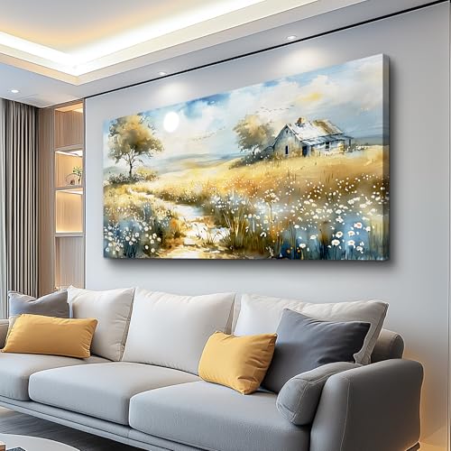 Wildflower Field Landscape Painting Modern Canvas Print Wall Art Rural Field Mural Artwork Living Room Dining Room Wall Decoation For Bedroom Office Farmhouse Home Decoration 24x48 Inches