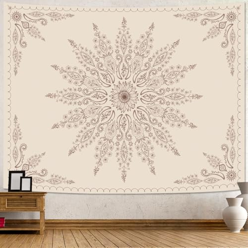 Boho Floral Mandala Tapestry for Bedroom Aesthetic Bohemian Flower Wall Tapestry Beige Hippie Indian Small Tapestries Wall Hanging for Living Room Dorm Decor 48 x 36 Inch