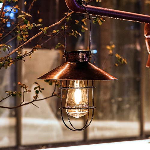 Solar Lantern Outdoor Hanging Light Metal Farmhouse Solar Lamp with Warm White Edison Bulb Design for Garden Yard Patio Porch Decor