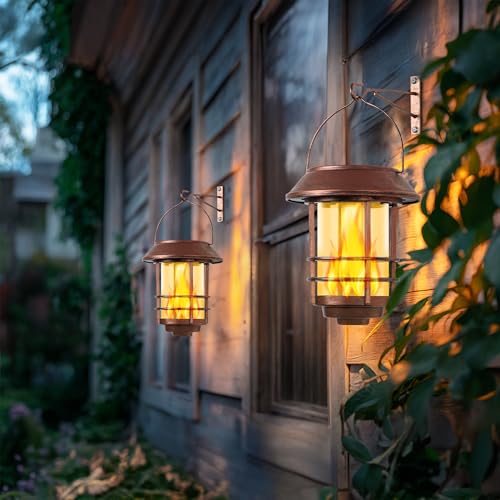 Solar Lanterns Outdoor Waterproof Flickering Flame 2 Pack Red Bronze (2 Count)