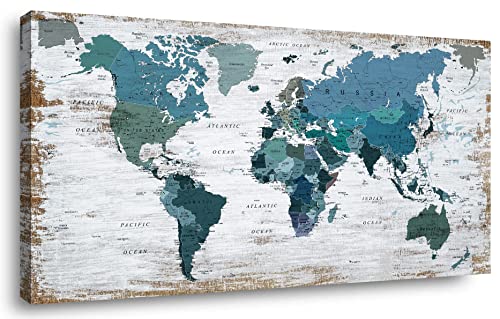 Teal Decor World Map Canvas Art Pictures for Living Room Wall Decoration Blue Wall Decor Office World Map Art Picture Framed Artwork for Home Bedroom Decoration 24"x48"