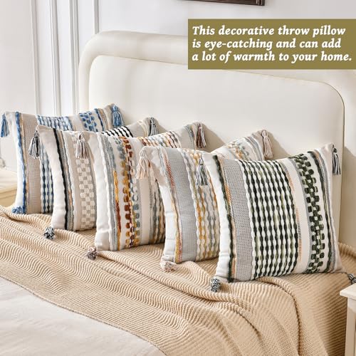 Chenille Striped Textured Boho Throw Pillow Covers Aesthetic with Tassels Woven Decorative Pillow Case for Couch Bed Sofa Bedroom Modern Funky 18 x 18