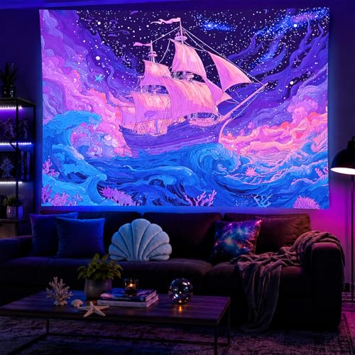 Blacklight Tapestry Ocean Ship Neon Wall Art 78 x 59 Inch