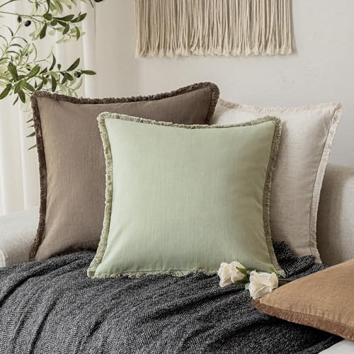 Decorative Linen Fringe Throw Pillow Covers 20×20 Light Green (2 Count)